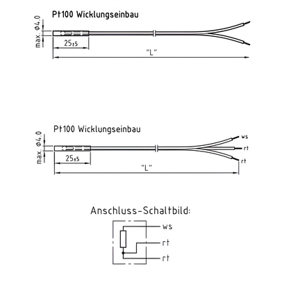 PT 100 temperature sensor for winding installation (2-wire)